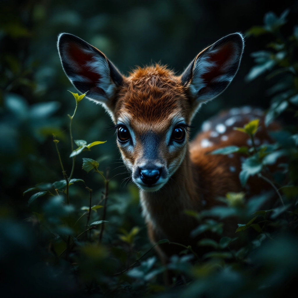 nature-shot-with-wide-shot-of-a-dark-jungle-scene-face-of-a-baby-golden-deer-hid-em3cz4f