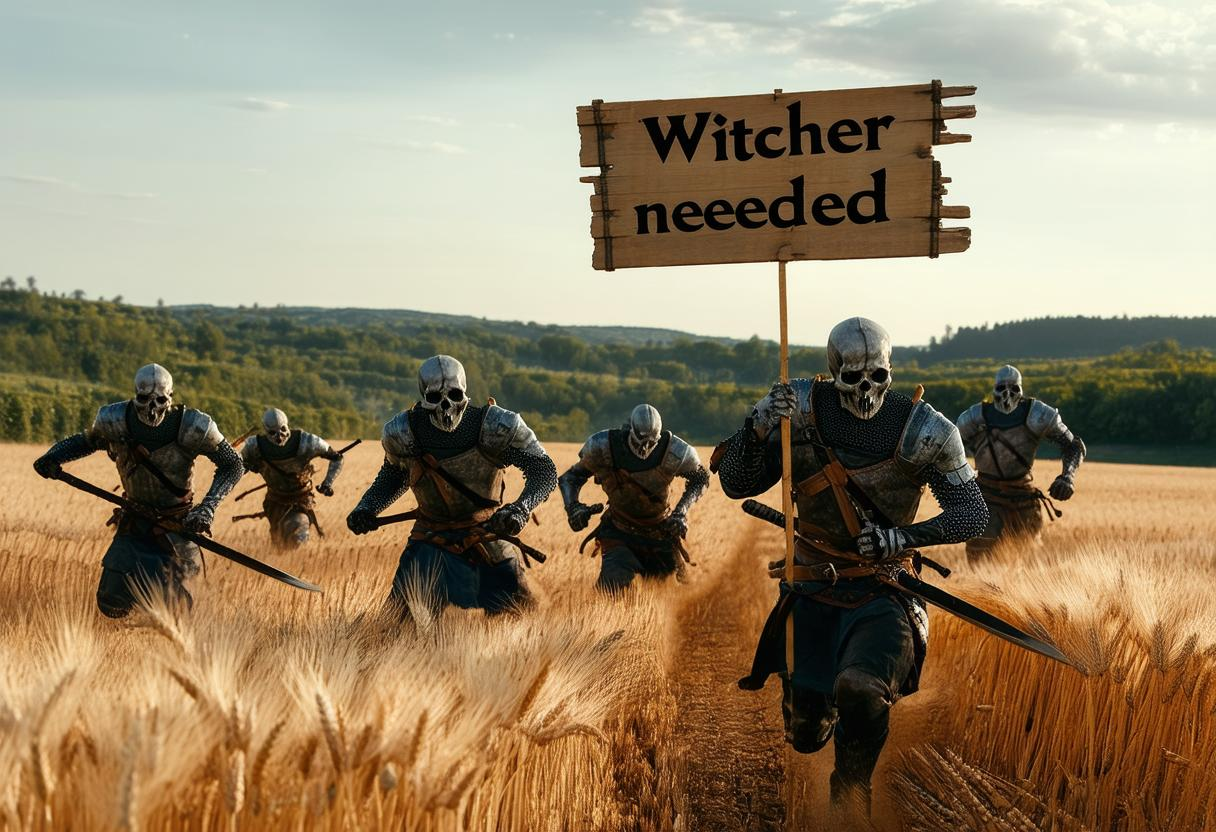 medieval-bandits-attacked-by-ghouls-n-running-in-wheat-field-holding-wooden-sign-xid1ou2