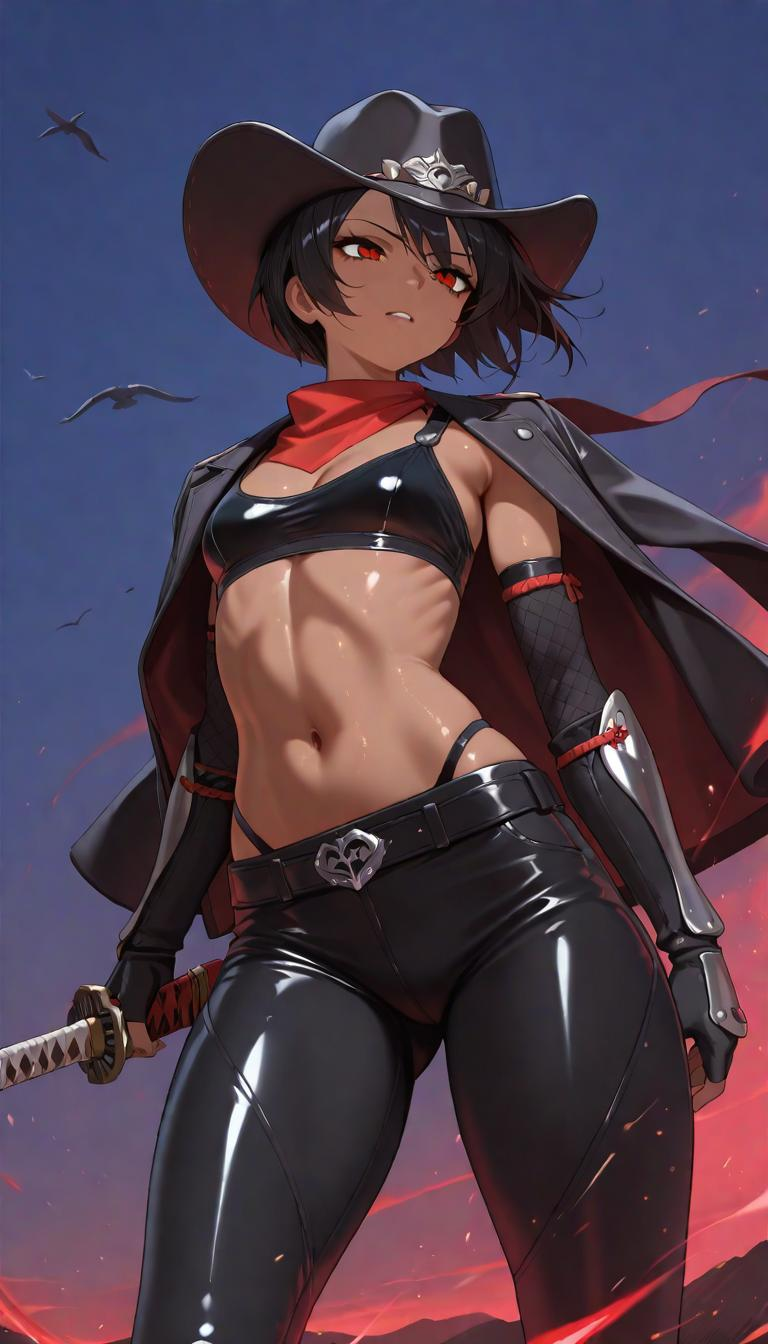 1girl-cowboy-samurai-dark-skin-toned-alternate-costume-bird-blue-sky-breasts-cle-9hvufn7