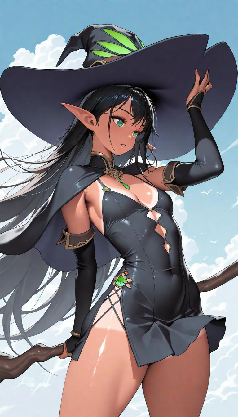 1girl-witch-elf-dark-skin-toned-blue-sky-breasts-hat-flat-breasts-very-long-hair-tm8j23x